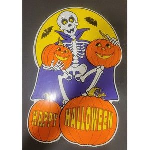 Vintage 1996 Color-Clings Happy Halloween Skeleton Bats Pumpkins Yard Sign